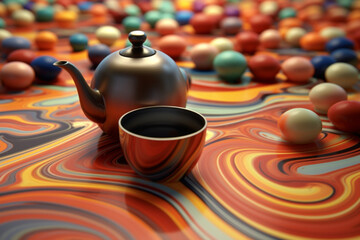 Poster - An image showcasing abstract representations of a traditional Chinese tea ceremony, with swirling patterns and soothing colors. Generative AI technology.