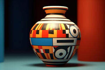 Poster - An image showcasing abstract representations of ancient Greek vase designs, with geometric patterns and bold colors. Generative AI technology.
