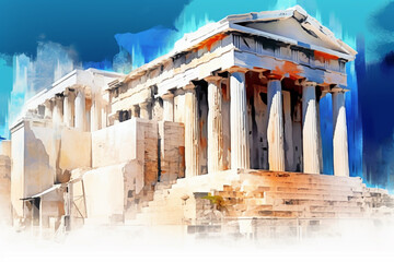Poster - An abstract depiction of the iconic Acropolis in Athens, with angular shapes and shades of white and blue.  Generative AI technology.