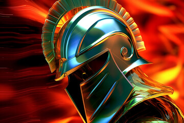 Poster - An abstract portrayal of a Spartan helmet, with strong lines and metallic tones. Generative AI technology.