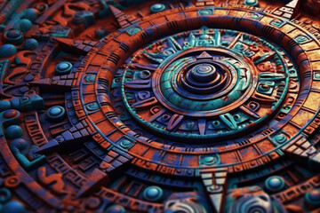 Aufkleber - An abstract portrayal of the Aztec calendar, with circular patterns and vibrant hues. Generative AI technology.