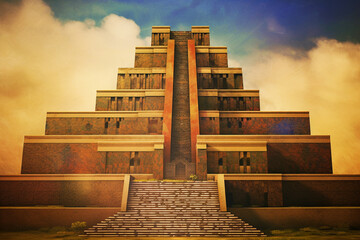 An abstract depiction of the Ziggurat of Ur, with geometric shapes and earthy tones.  Generative AI technology.