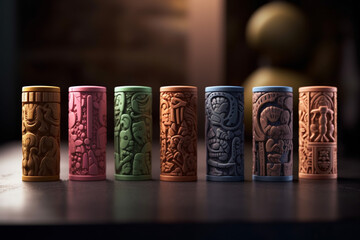 Poster - An image showcasing abstract interpretations of cylinder seals, with intricate motifs and a warm color palette. Generative AI technology.