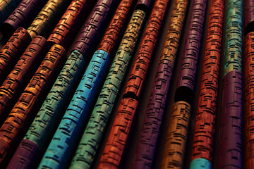 Aufkleber - An abstract depiction of the Code of Hammurabi, with symbolic shapes and a mix of bold and earthy colors. Generative AI technology.