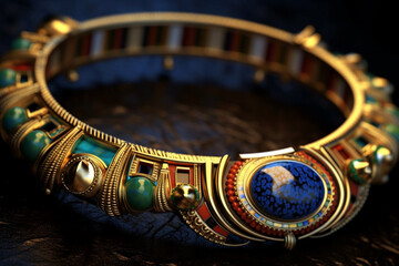 Poster - An abstract depiction of Mesopotamian jewelry, with intricate patterns and vibrant gemstone colors. Generative AI technology.