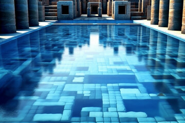 Aufkleber -  An abstract depiction of the Great Bath of the Harappa Civilization, with geometric shapes and soothing blue tones. Generative AI technology.