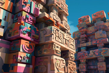 Poster - An abstract depiction of Olmec monumental architecture, with geometric forms and a harmonious color scheme.  Generative AI technology.