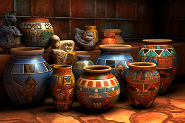 Poster - An image featuring abstract representations of Olmec pottery, with intricate designs and a range of earthen colors. Generative AI technology.