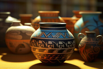 Poster - An abstract portrayal of Mycenaean pottery, with stylized motifs and earthy colors.  Generative AI technology.