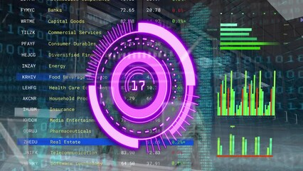 Poster - Animation of neon purple round scanner and data processing against computer server room