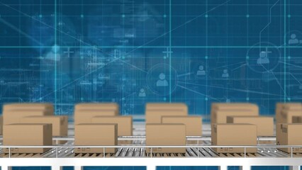 Poster - Animation of network of profile icons over delivery boxes on conveyer belt against blue background