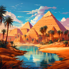 Illustration Of A Beautiful View Of The Egyptian Pyramids, Egypt