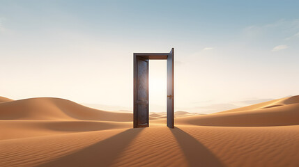 Opened door on desert. Unknown and start up concept. This is a 3d illustration