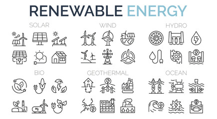 set of outline icons related to green, renewable energy, alternative sources energy. eco icon collec