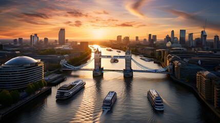 Panoramic aerial view of the skyline of London, England, with a passenger ship crossing under the Tower Bridge during a beautiful sunset