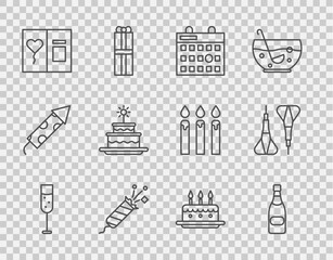 Poster - Set line Glass of champagne, Champagne bottle, Birthday calendar, Firework rocket, Greeting card, Cake with burning candles, and Dart arrow icon. Vector