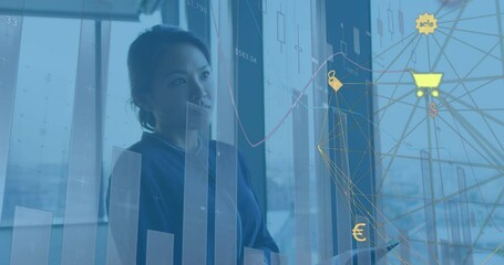 Poster - Animation of financial data processing over asian businesswoman in office