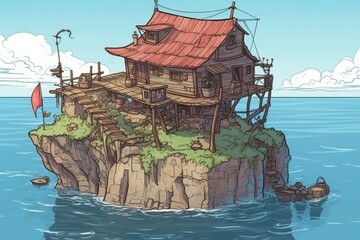 Wall Mural - solitary house on a tiny island surrounded by vast oceanic waters. generative ai