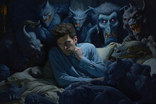 Nightmare's Embrace: Man Struggling To Sleep Amidst Demons - Battling Restless Nights And Haunting Dreams - Generative AI