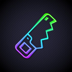 Sticker - Glowing neon line Hand saw icon isolated on black background. Vector