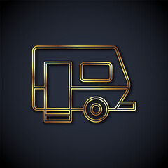 Wall Mural - Gold line Rv Camping trailer icon isolated on black background. Travel mobile home, caravan, home camper for travel. Vector