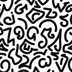 Monochrome abstract background. Black and white organic collage. Artistic seamless pattern. Hand-drawn various shapes. Vector design. Lettering. Fictional letters.