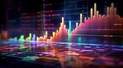 Abstract glowing graph and hologram of business development on a dark background. Created with Generative Ai technology.