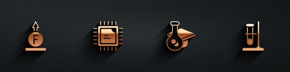 Poster - Set Force of physic formula, Processor CPU, Graduation cap and Test tube flask stand icon with long shadow. Vector