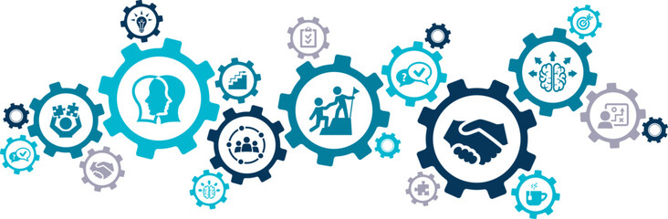 Teamwork vector illustration. Blue concept with icons related to cooperation & communication in a business team, motivating colleagues & co-workers, project work, support.