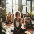 group of young women and men meditating peacefully in yoga pose at a yoga class created by generative AI