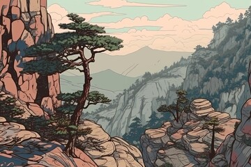 Poster - serene mountain landscape with tall pine trees. Generative AI