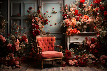 studio room backdrop template full of flowers with a vintage red chair