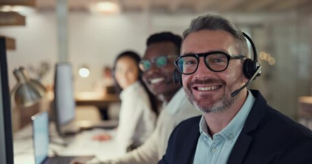 Poster - Call center, man and face of consultant with smile for customer service, contact us and working late. Portrait, happy team and telemarketing agent consulting at help desk for CRM in coworking office
