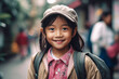© zamuruev - Asian girl is ready to go to school with backpack. learning concept. generative AI