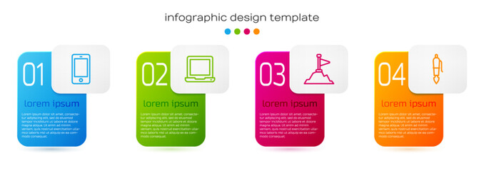 Poster - Set line Mobile phone, Laptop, Mountains with flag and Fountain pen nib. Business infographic template. Vector