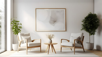 Two armchairs in room with white wall and big frame poster on it. Scandinavian style interior design of modern living room.