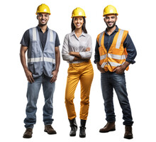 Multi Ethnic Group Of Young Construction Workers Team Of Construction Workers Happy Smile Standing Success Together Idea Concept, Isolated On Transparent Background. Oil, Gas, Biofuel, Generative AI
