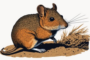 Sticker - cute brown mouse perched on a mound of soil. Generative AI