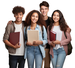 multi ethnic group of young men and women college students with holding books and backpack, happy sm