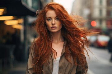 Close up of a redhead young woman with a city scene background. Generative AI