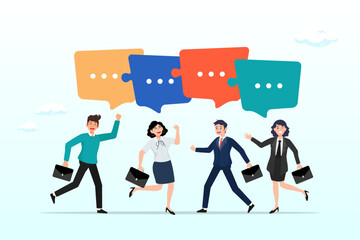Business people talk with speech bubble jigsaw connect, conversation or communication for success, meeting discussion to get answer or solution, working together, partnership or collaboration (Vector)