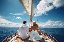 Romantic Vacation, Beautiful Young Couple Relaxing On A Luxury Yacht In Open Sea
