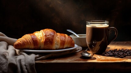 Wall Mural - Cup of Coffee and a Croissant on a Wooden Table, Dark Background. Generative AI.