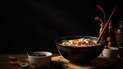 noodles on a black background. Generative AI