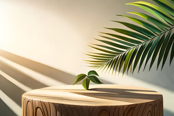 Wall Mural - Beautiful wood grain round wood podium dish in sunlight, tropical palm leaf shadow on white table countertop, wall for nature luxury organic cosmetic,