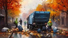 Municipal Garbage Men Collecting Household Rubbish In Rainy Autumn Weather For Removal In Domestic Truck. Generative AI