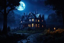 Moonlit Night In Haunted Abandoned House: 3D Illustration Of Spirits Seeking Refuge At Luxury Villa: Generative AI