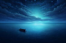 Lonely Boat Floating On The Sea At Night Under The Stars And The Moon Anime Illustration 