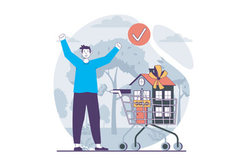 Poster - real estate concept with people scene in flat design for web. man buying new apartment, investing mo