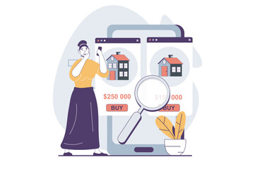 Poster - real estate concept with people scene in flat design for web. woman searching houses and selecting w
